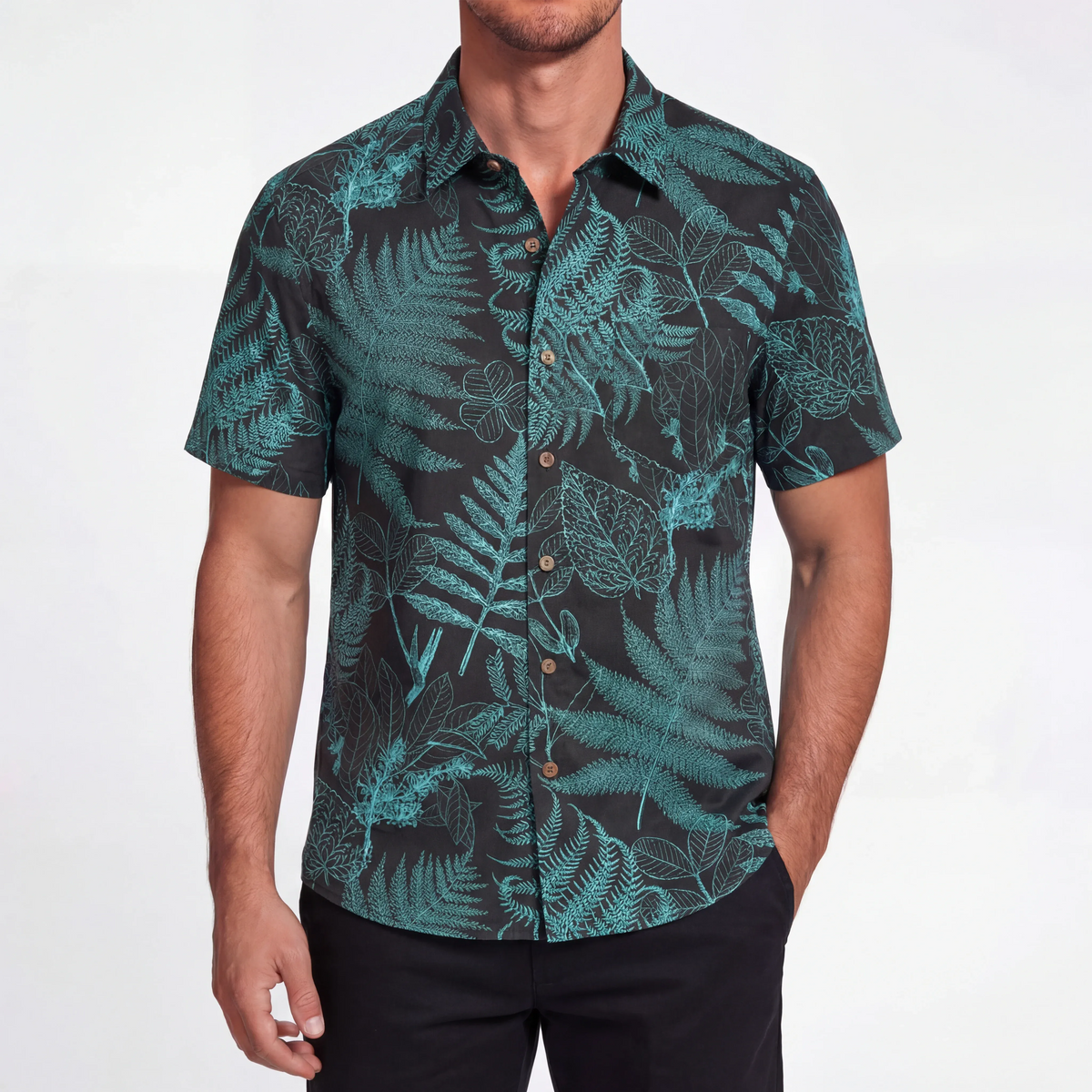 LeosWare® Men's Hawaiian Shirt Short Sleeve Button-up 100% Cotton Blue Aloha Hidden Forest Fern By Ann