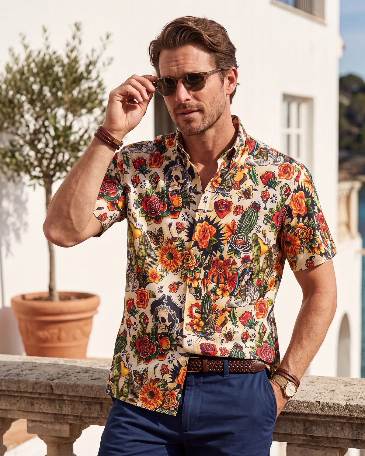 Virgin Mary Hawaiian Shirt For Men Tiki Shirt Short Sleeve Button-down 100% Cotton Desert Skull Shirt By Yakima