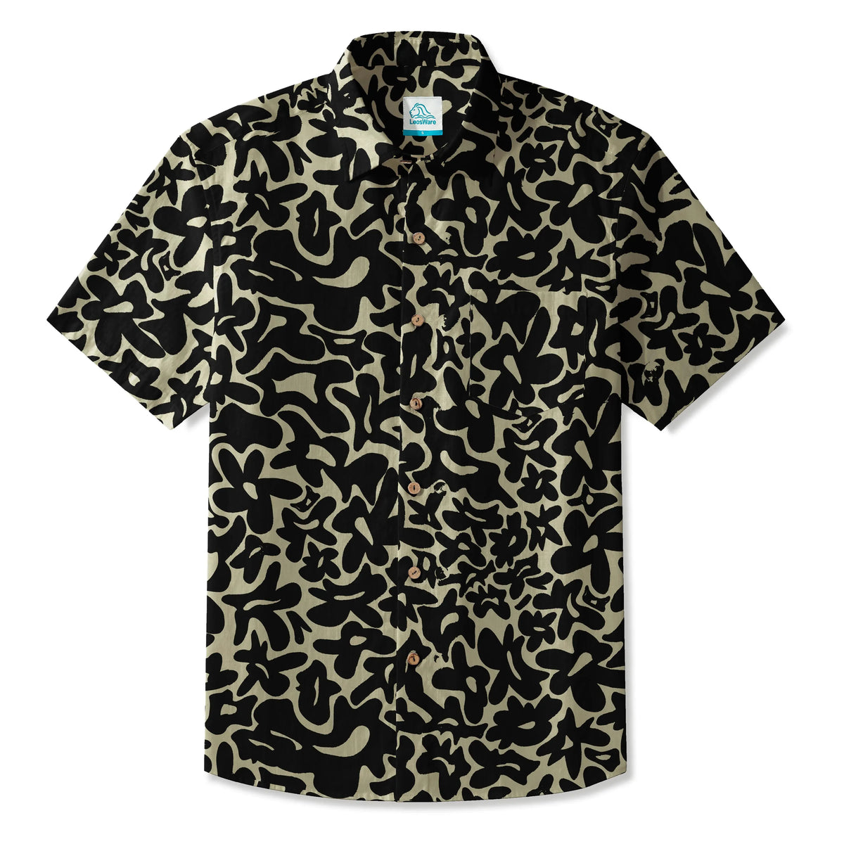 LeosWare® Men's Hawaiian Shirt Short Sleeve Button-up 100% Cotton Black Aloha Minimalist Black Brown Florals By Huan huan