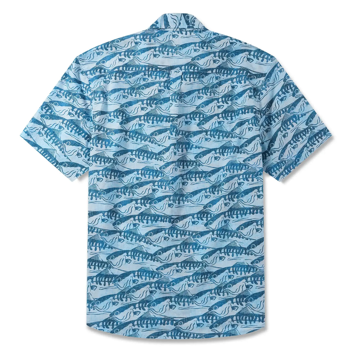 LeosWare® Men's Hawaiian Shirt Short Sleeve Button-up 100% Cotton Blue Aloha Ink Wave Fish Formation By Ann