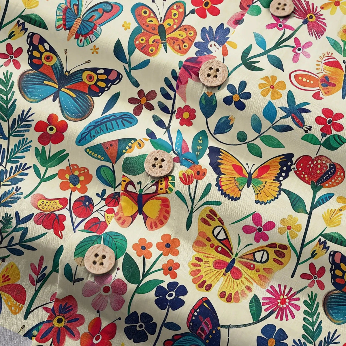 Chemise hawaïenne pour hommes LeosWare® à manches courtes avec boutons 100 % coton beige Aloha Butterflies Whispers In Full Bloom par Ann