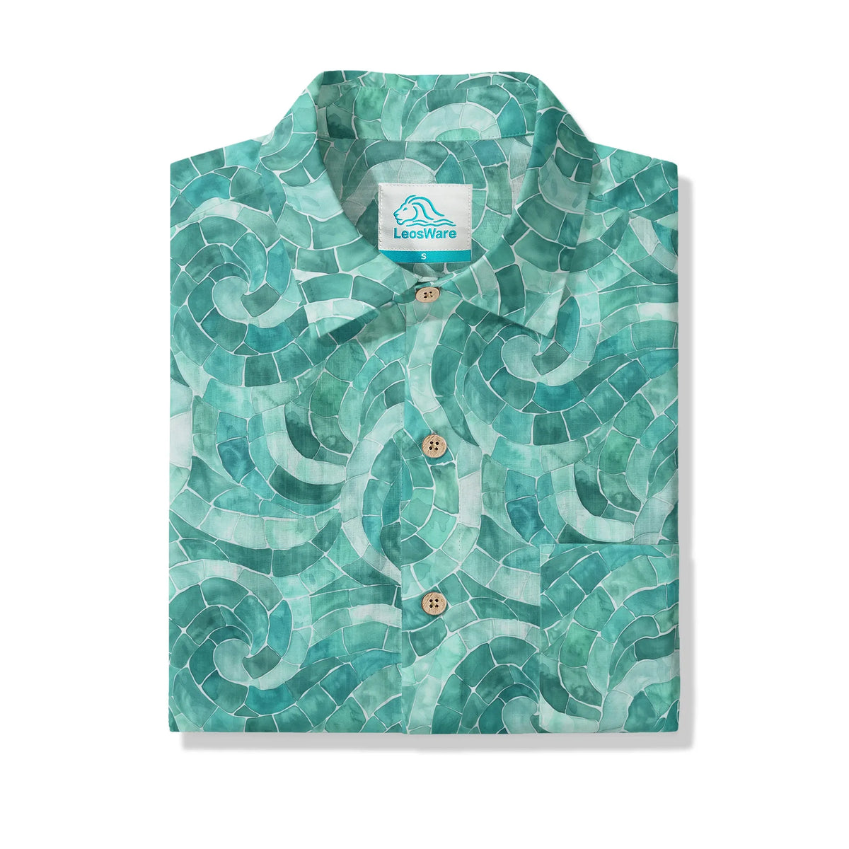 LeosWare® Men's Hawaiian Shirt Short Sleeve Button-up 100% Cotton Green Aloha Azure Seashell Whispers By Ann