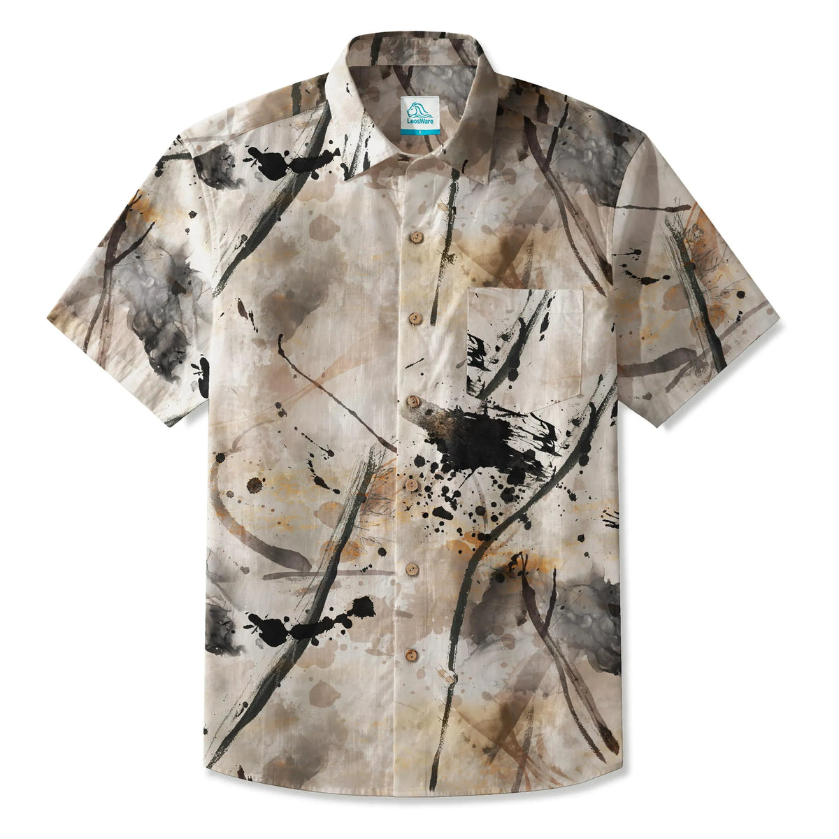 Chemise hawaïenne pour hommes LeosWare® à manches courtes, boutonnée en 100 % coton, marron Aloha Journey Of Abstraction par Huan huan