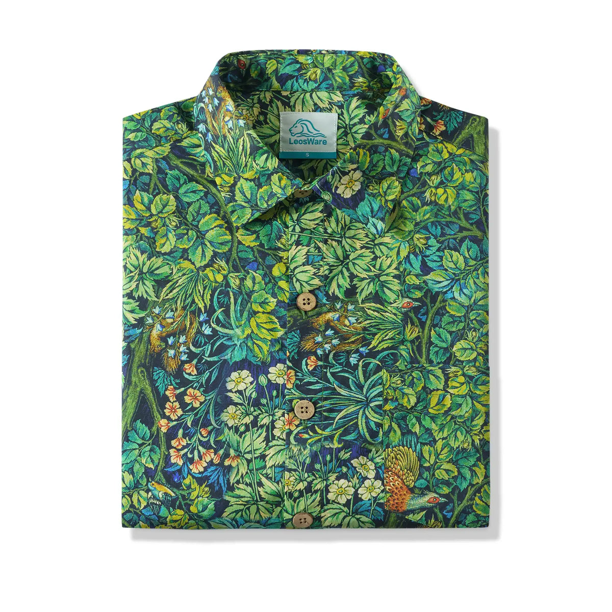 LeosWare® Men's Hawaiian Shirt Short Sleeve Button-up 100% Cotton Green Aloha Jungle Wonderland Art By Ann