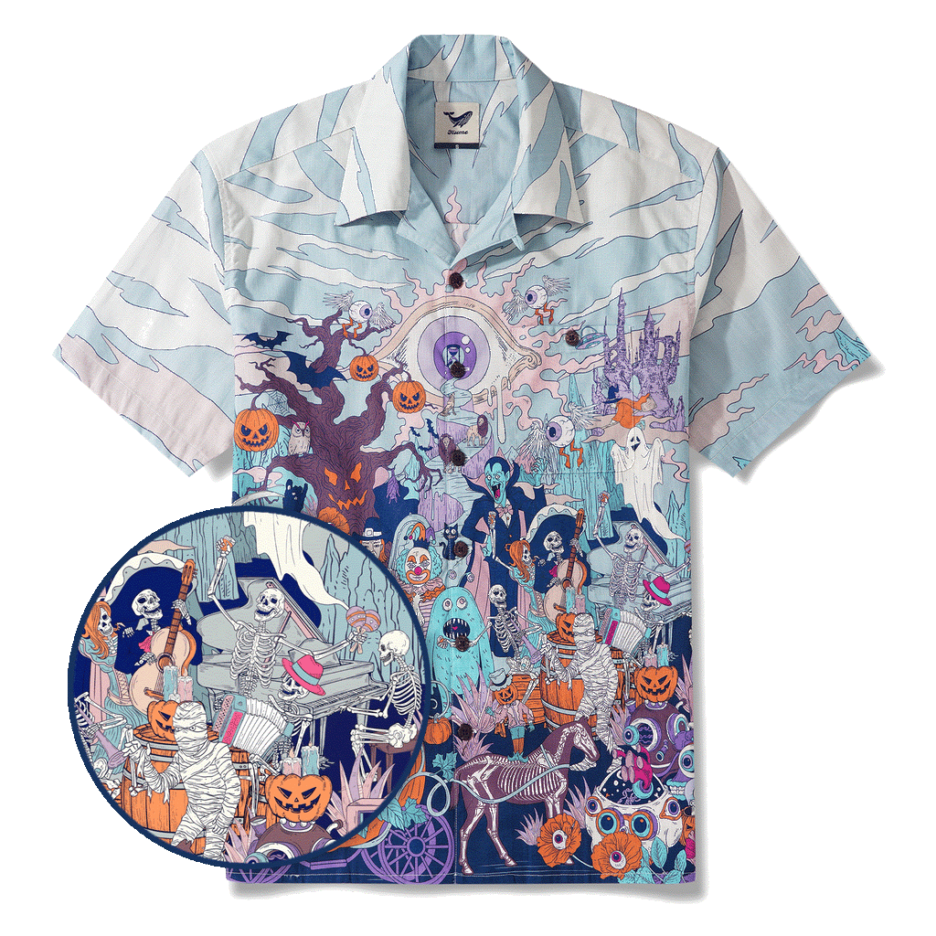 Halloween Gift Men's Hawaiian Shirt Short Sleeve Camp Collar 100% Cotton White Aloha Midnight Halloween/Dante's Halloween By Huan huan