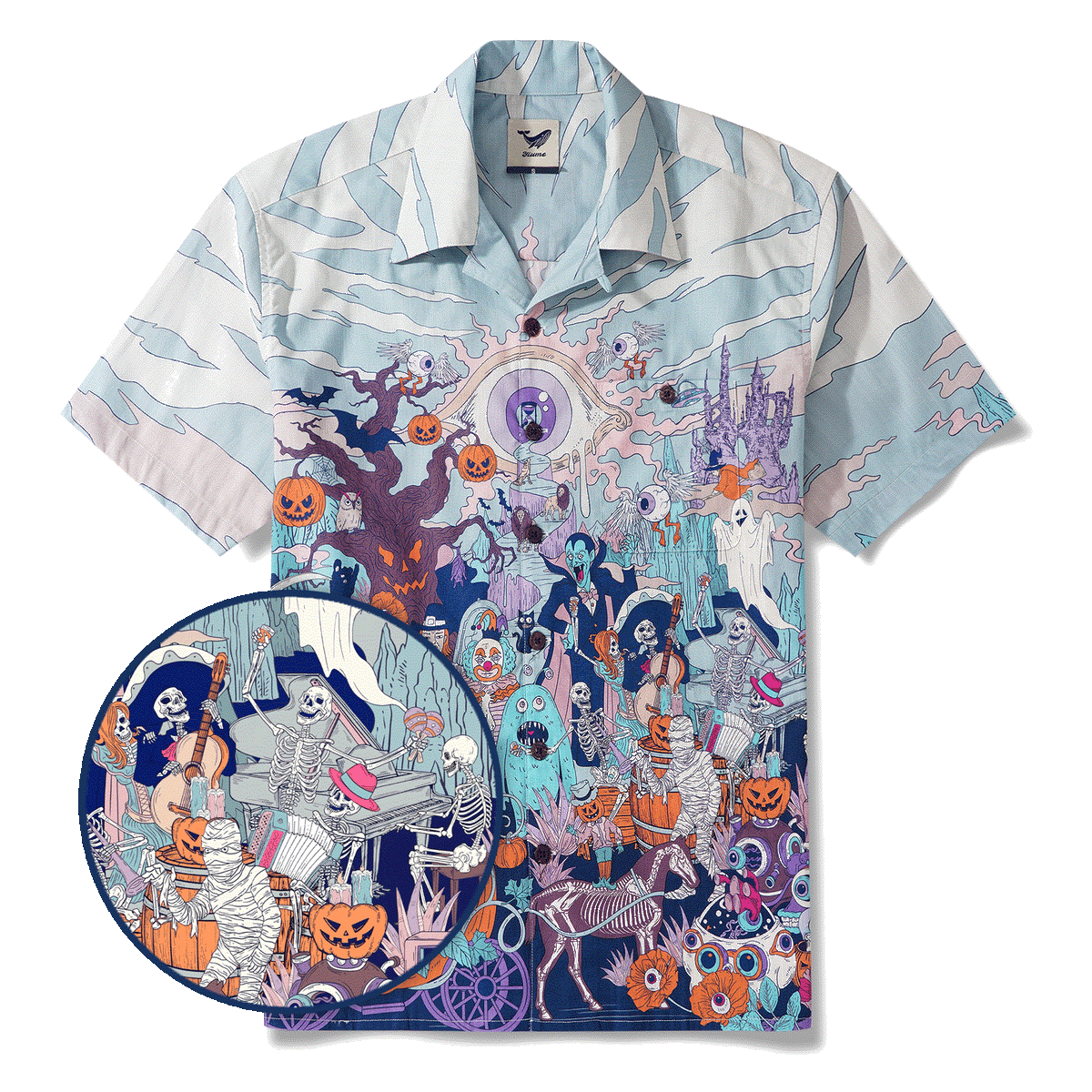 Halloween Gift Men's Hawaiian Shirt Short Sleeve Camp Collar 100% Cotton White Aloha Midnight Halloween/Dante's Halloween By Huan huan