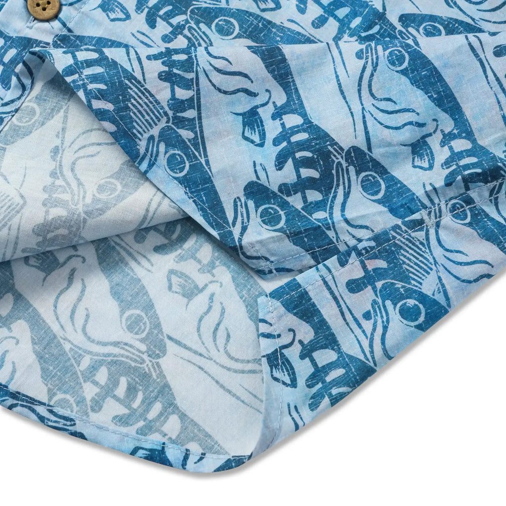 LeosWare® Men's Hawaiian Shirt Short Sleeve Button-up 100% Cotton Blue Aloha Ink Wave Fish Formation By Ann