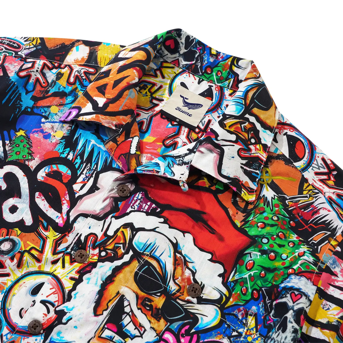 Christmas Gift Men's Hawaiian Shirt Short Sleeve Camp Collar 100% Cotton White Aloha Laughing Santa Xmas Fiesta By Huan huan