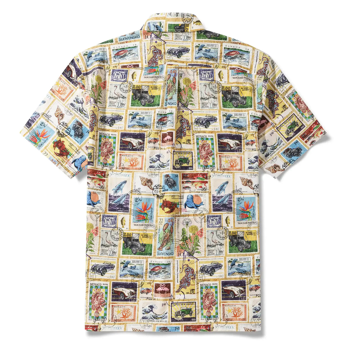 Men's Hawaiian Shirt Short Sleeve Button-down 100% Cotton White Aloha Nautical Vintage Car Postage Stamp Collage By Huan huan