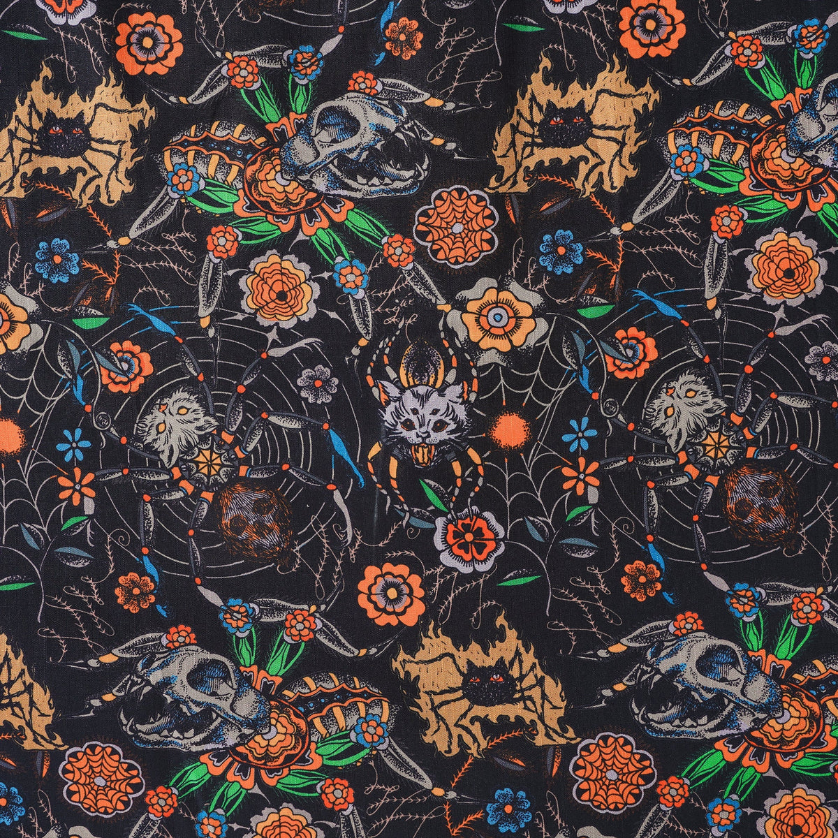 Halloween Gift Men's Hawaiian Shirt Short Sleeve Button-down 100% Cotton Black Aloha Spider Cat By Sophia