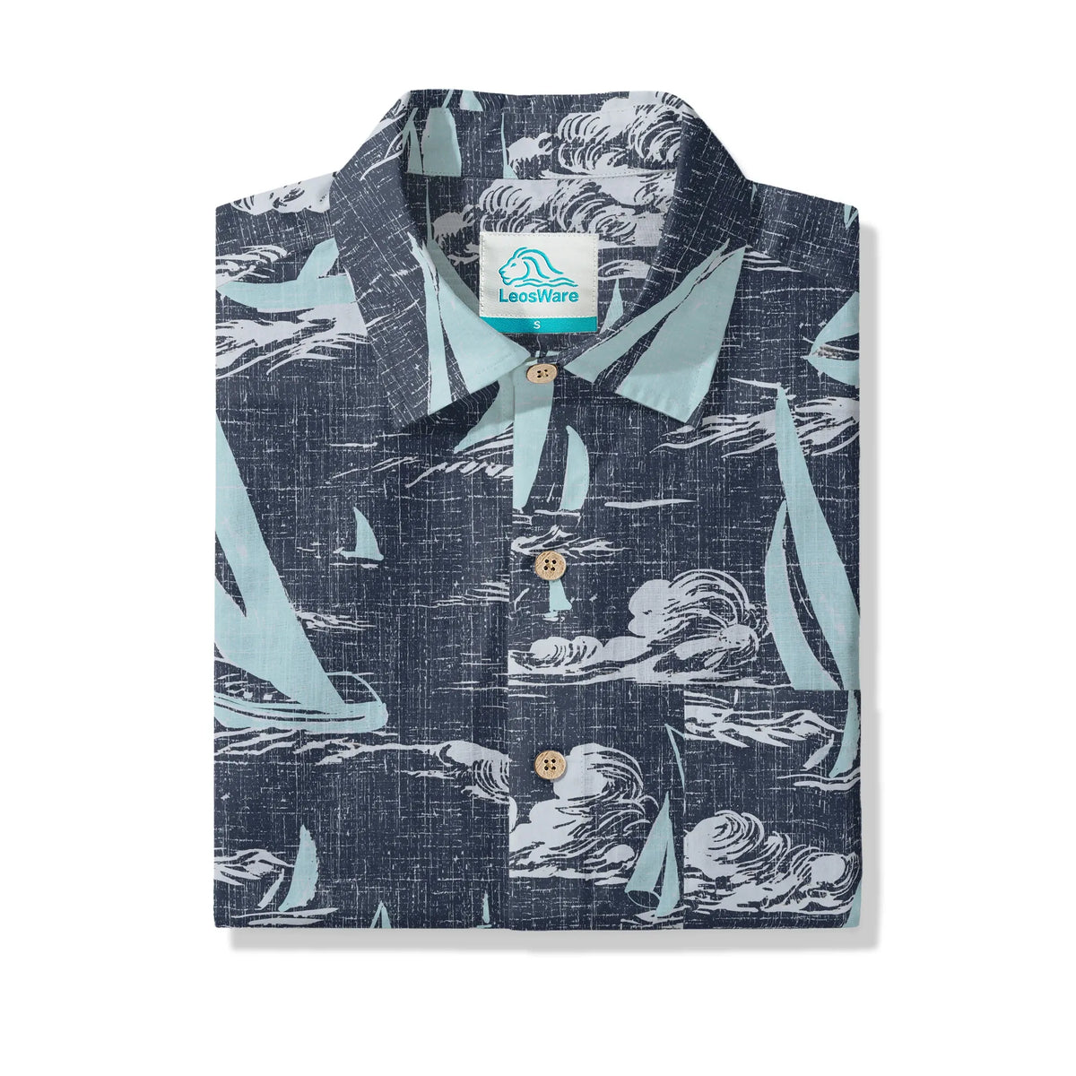 LeosWare® Sailboat Men's Hawaiian Shirt Short Sleeve Button-up 100% Cotton Blue Aloha Sailing To The Horizon By Ann