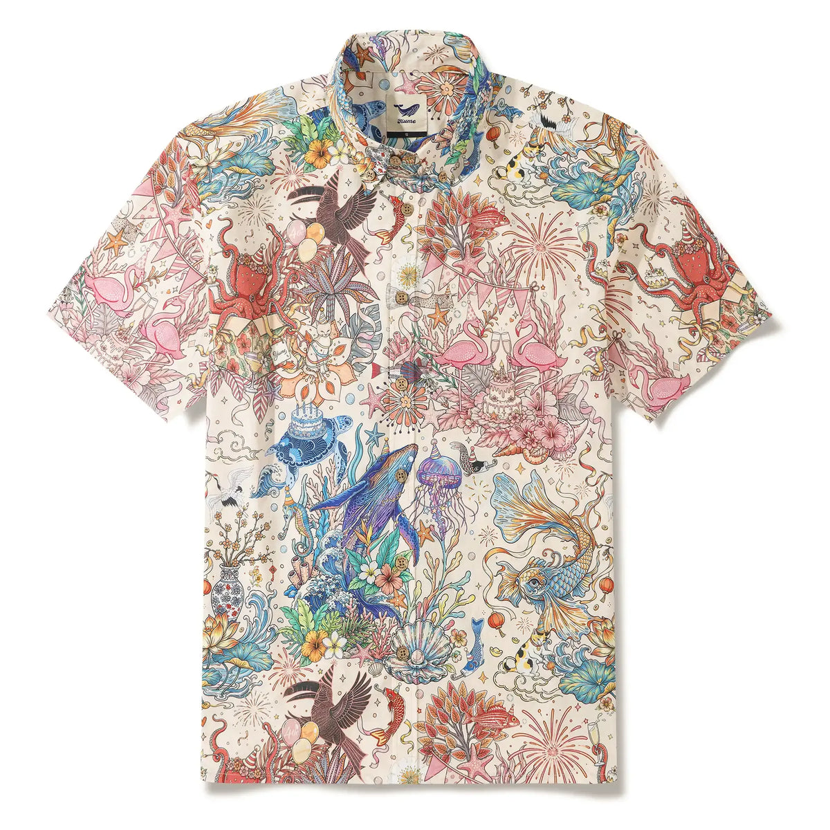 4th Anniversary Men's Hawaiian Shirt Short Sleeve Button-down 100% Cotton Beige Aloha The Yiume Jubilee By Mo