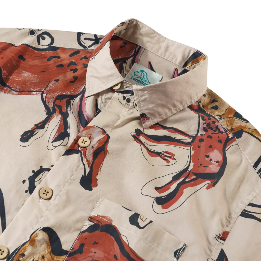 LeosWare® Men's Hawaiian Shirt Short Sleeve Button-up 100% Cotton Red Aloha Vintage Cave Art Print By Huan huan