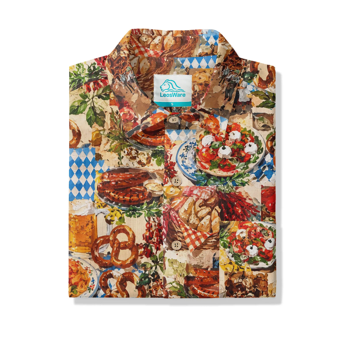 LeosWare® Men's Hawaiian Shirt Short Sleeve Button-up 100% Cotton Red Aloha Oil Painting Beer Festival Revelry By Ann