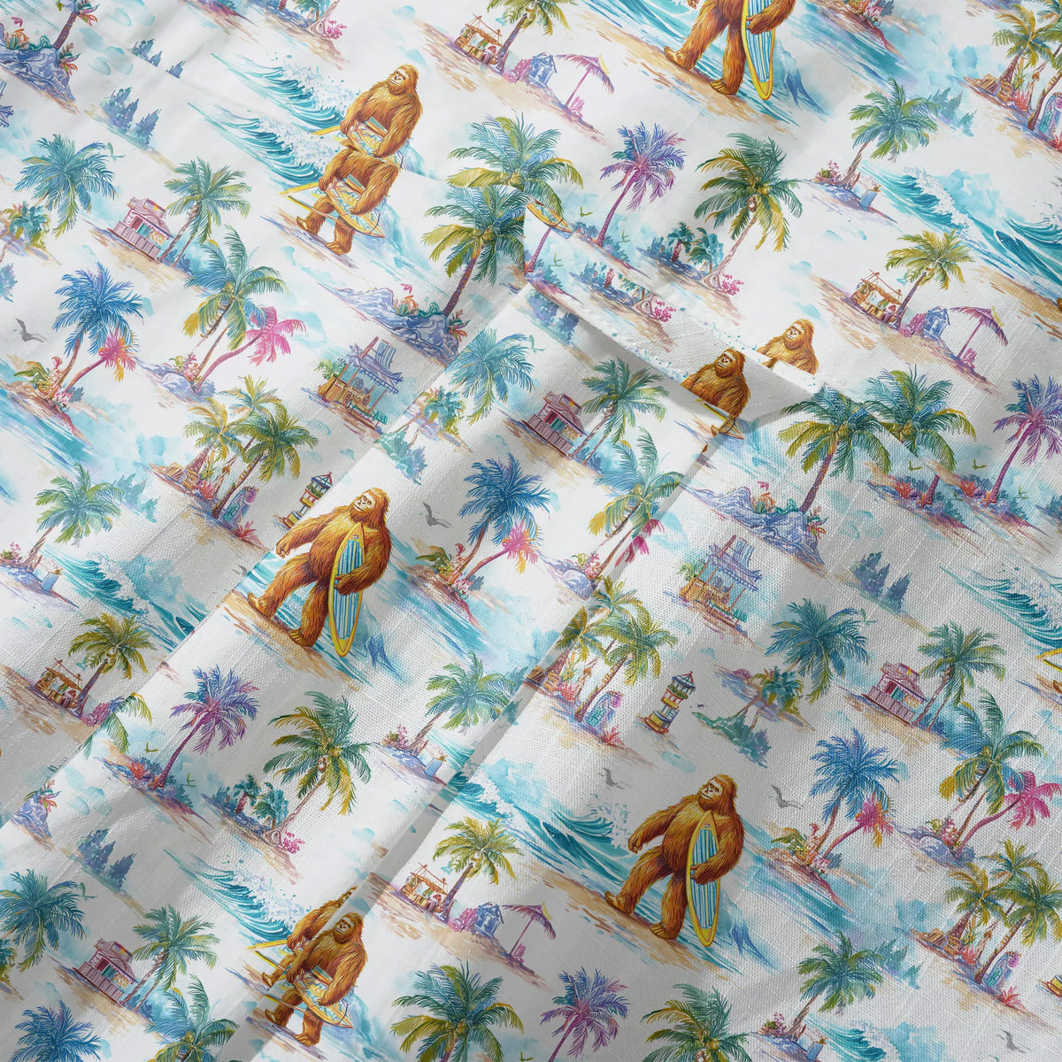 LeosWare® Men's Hawaiian Shirt Short Sleeve Button-up 100% Cotton White Aloha Surfing Vacation Of Bigfoot By Ann