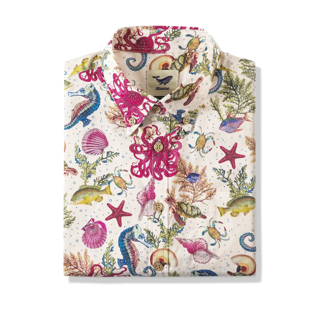 Yiume® Hawaiian Shirt For Men Shirt 100% Cotton Hawaiian Shirt Red Marine Life By Amy