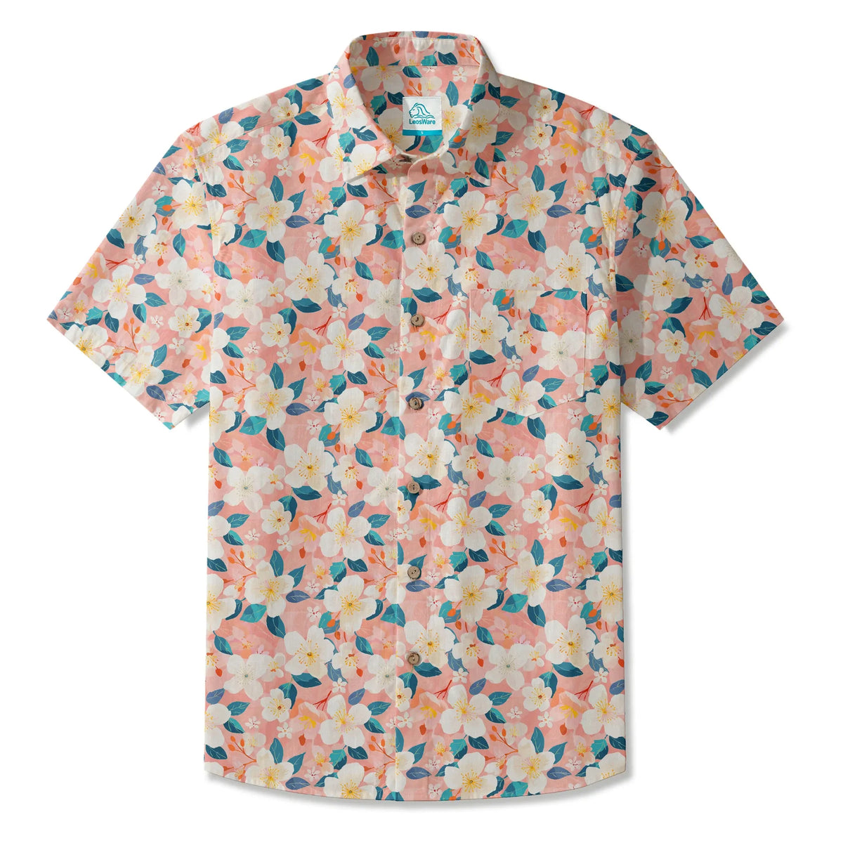 LeosWare® Men's Hawaiian Shirt Short Sleeve Button-up 100% Cotton Aloha Cherry Blossom Spring Delight By Ann