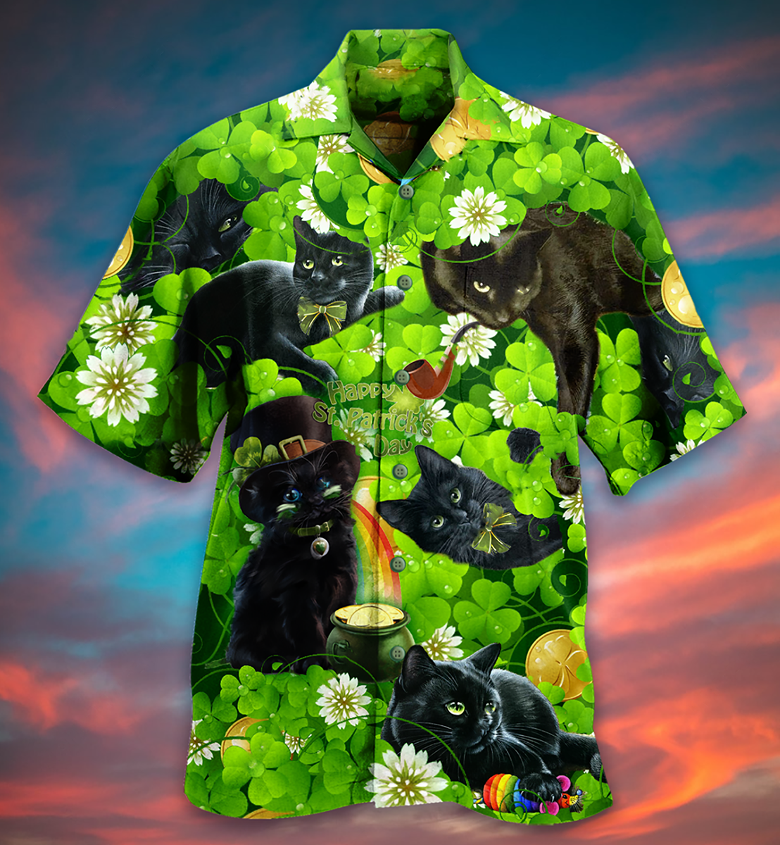 Black Cat Love Green - Hawaiian Shirt