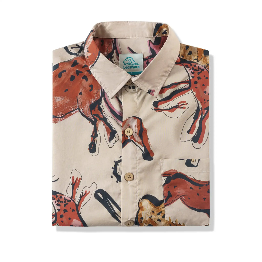 LeosWare® Men's Hawaiian Shirt Short Sleeve Button-up 100% Cotton Red Aloha Vintage Cave Art Print By Huan huan