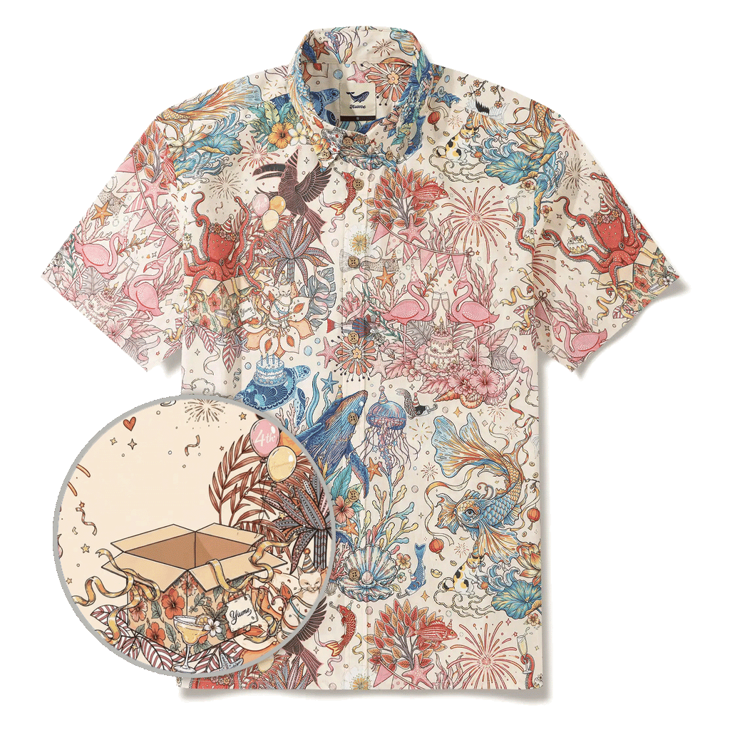 4th Anniversary Men's Hawaiian Shirt Short Sleeve Button-down 100% Cotton Beige Aloha The Yiume Jubilee By Mo