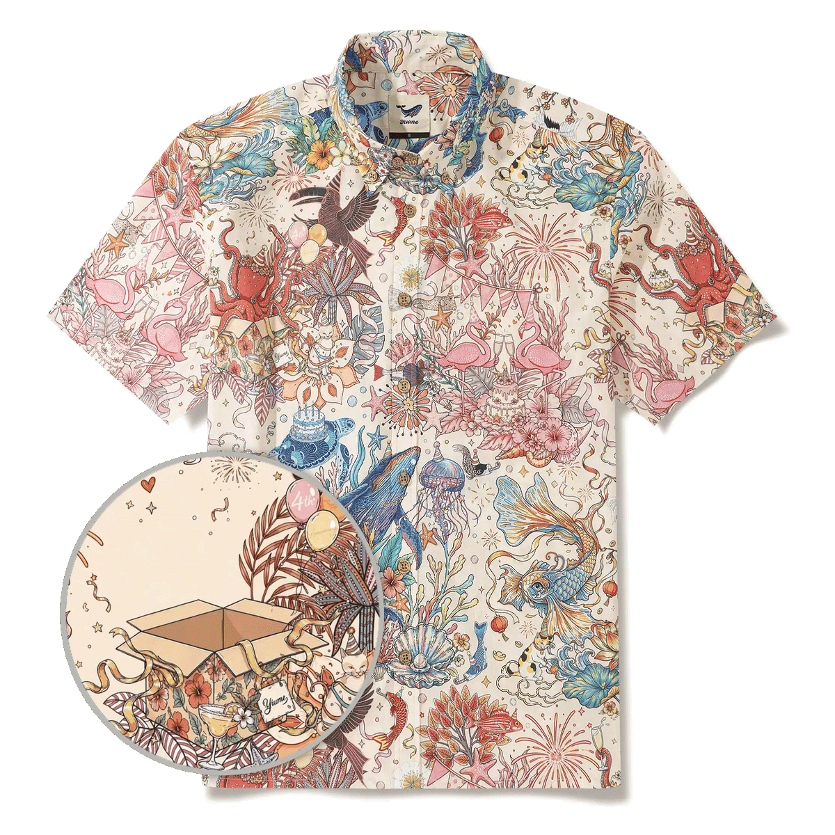 4th Anniversary Men's Hawaiian Shirt Short Sleeve Button-down 100% Cotton Beige Aloha The Yiume Jubilee By Mo