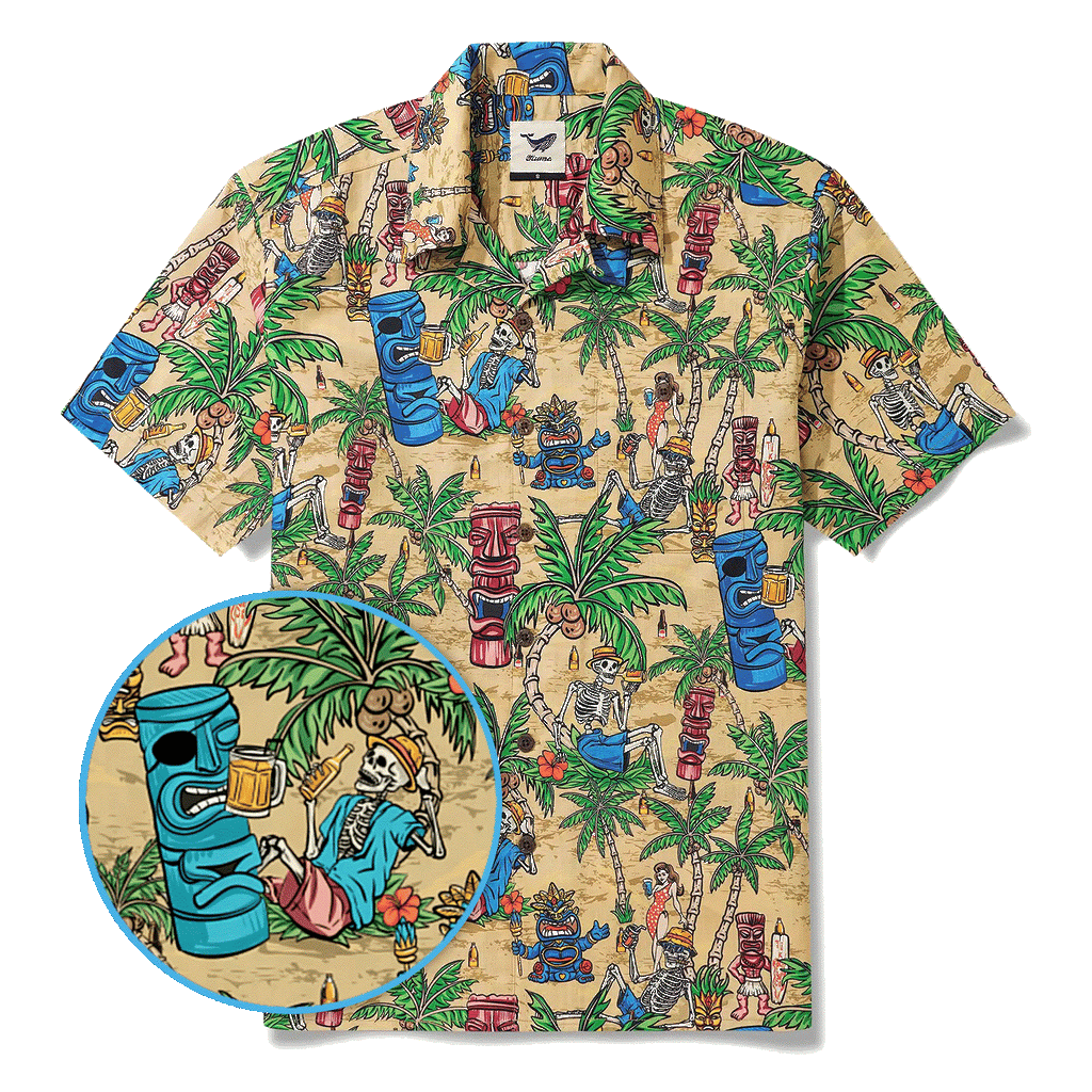 Men's Hawaiian Shirt Short Sleeve Camp Collar 100% Cotton Green Aloha Tiki Seaside Bash By Yana