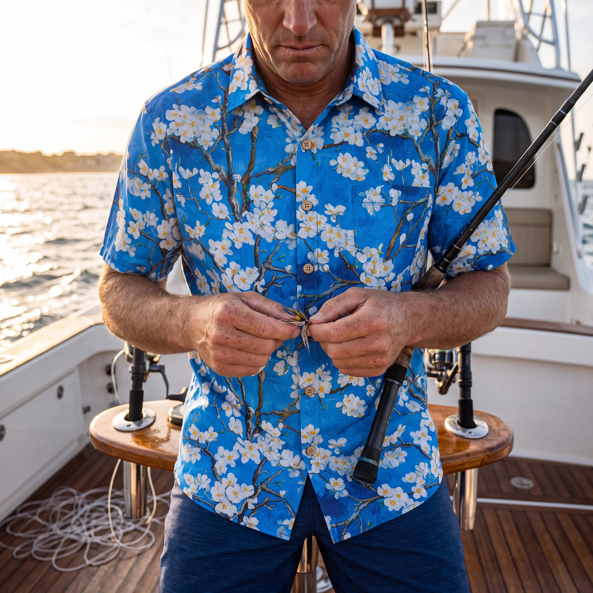 LeosWare® Men's Hawaiian Shirt Short Sleeve Button-up 100% Cotton Blue Aloha White Above Deep Blue By Huan huan