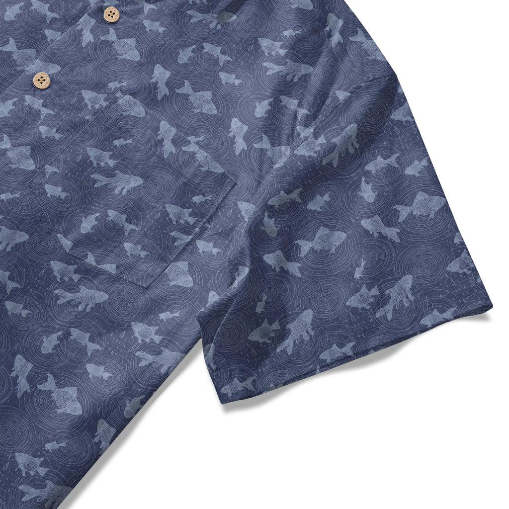 LeosWare® Men's Hawaiian Shirt Short Sleeve Button-up 100% Cotton Blue Aloha Rain Falls On The Koi Pond By Ann