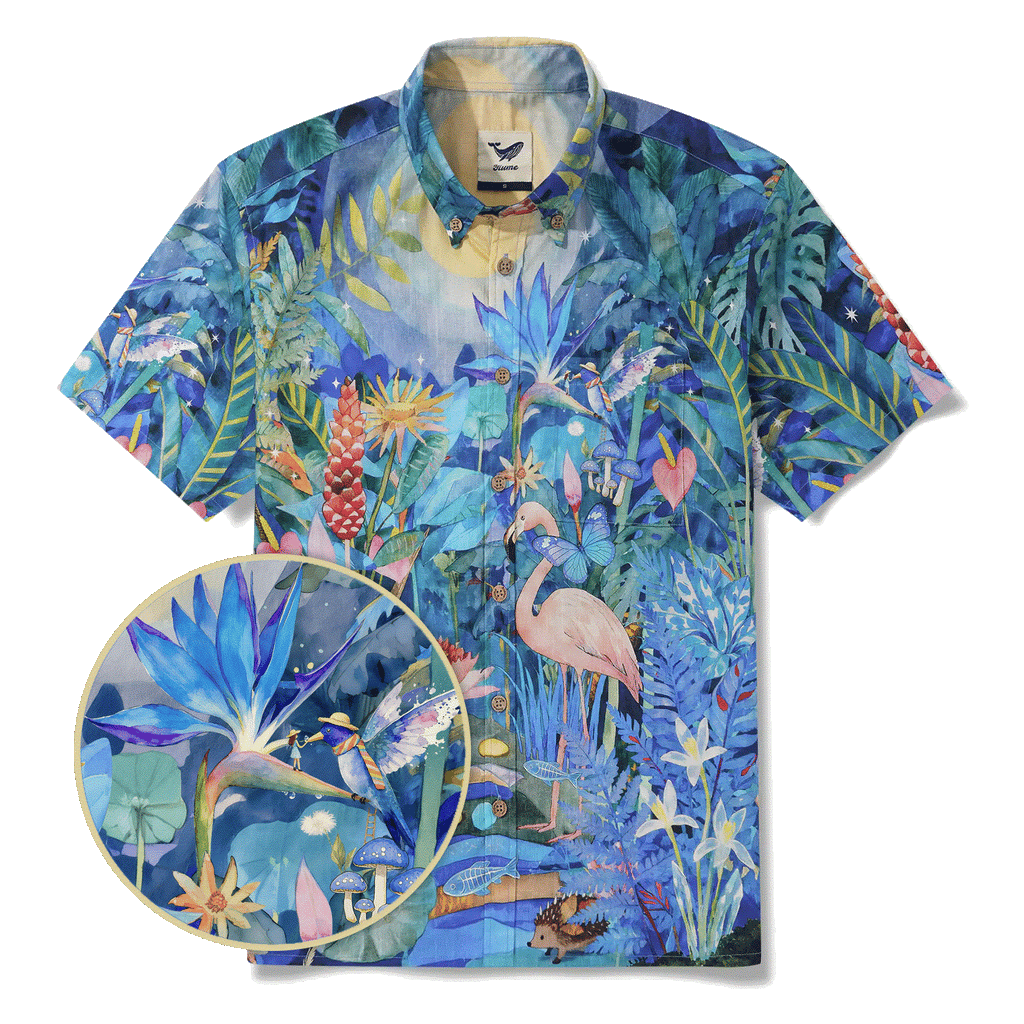 Flamingos Men's Hawaiian Shirt Short Sleeve Button-down 100% Cotton Blue Aloha Magical Jungle Adventure By Mo