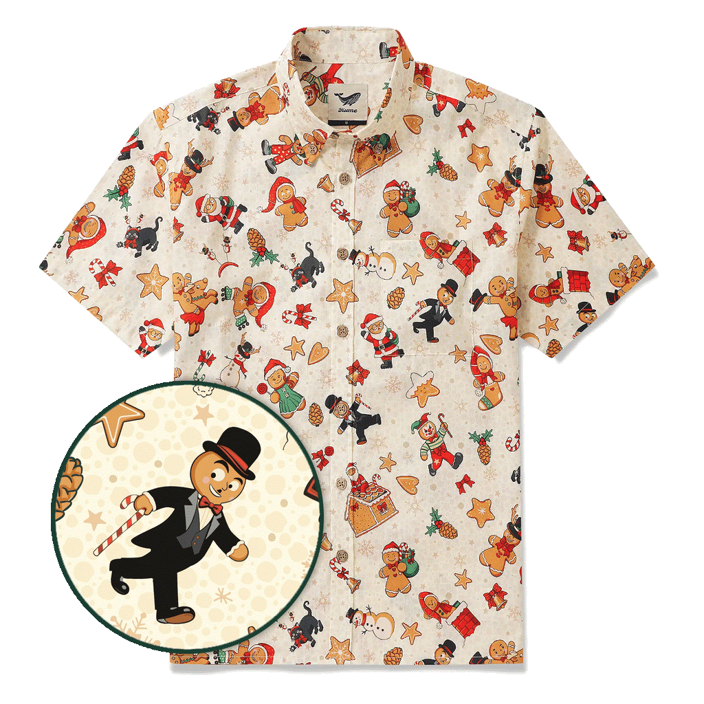 Christmas Gift Men's Hawaiian Shirt Short Sleeve Button-down 100% Cotton Beige Aloha Gingerbread Christmas Carnival By Huan huan