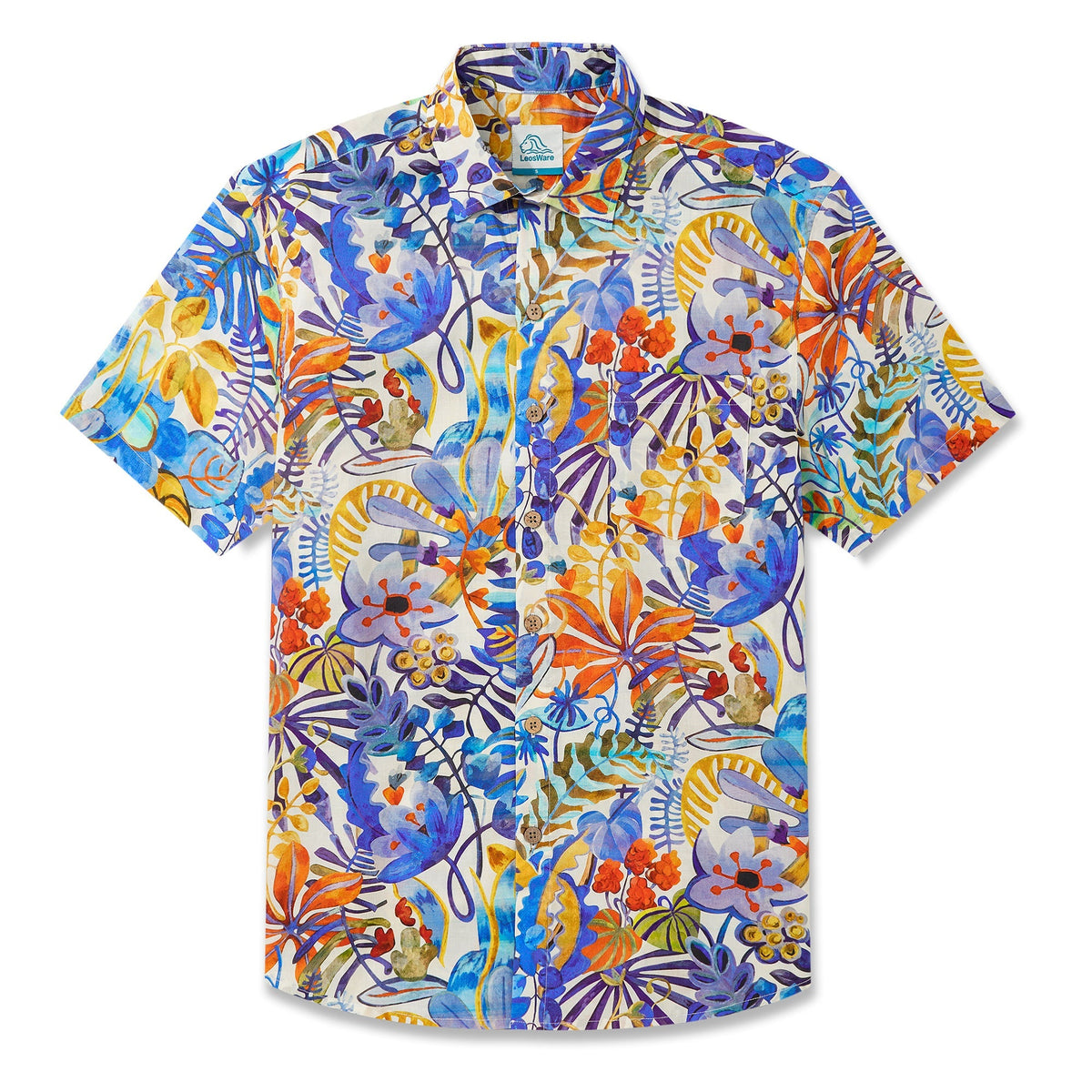 LeosWare® Men's Hawaiian Shirt Short Sleeve Button-up 100% Cotton Blue Aloha Tropical Floral Painting By Ethan