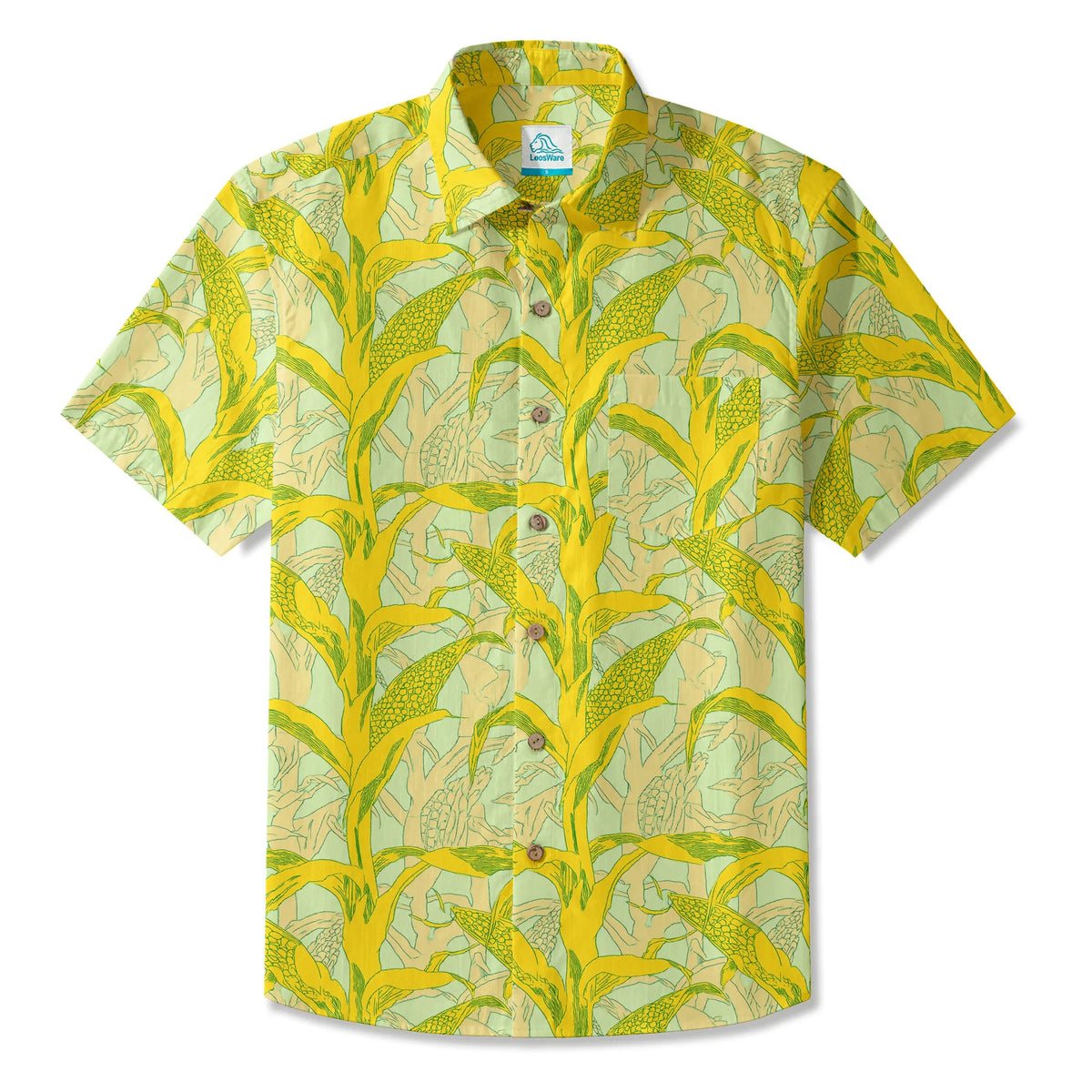 LeosWare® Men's Hawaiian Shirt Short Sleeve Button-up 100% Cotton Yellow Aloha Golden Summer Harvest By Ann
