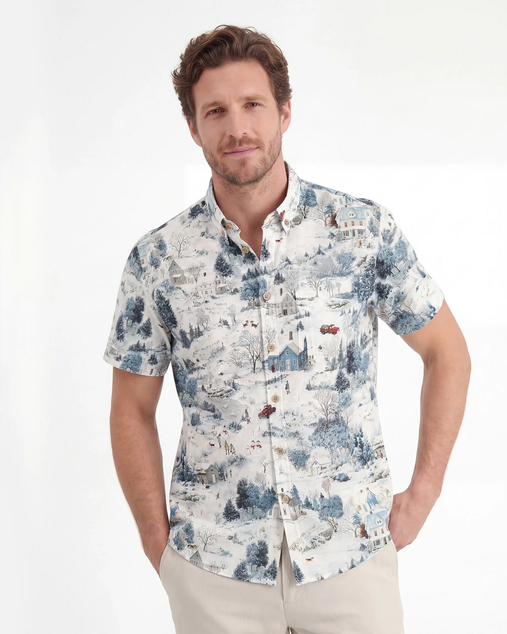 Men's Hawaiian Shirt Short Sleeve Button-down 100% Cotton Blue Aloha Snowy Countryside Chronicles By Huan huan