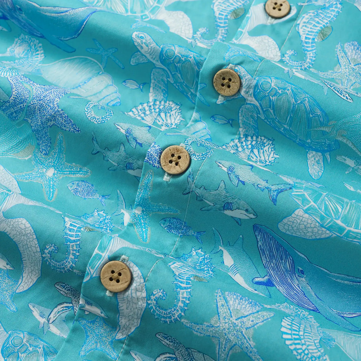 LeosWare® Men's Hawaiian Shirt Short Sleeve Button-up 100% Cotton Blue Aloha Azure Islet Sea Turtle By Ann