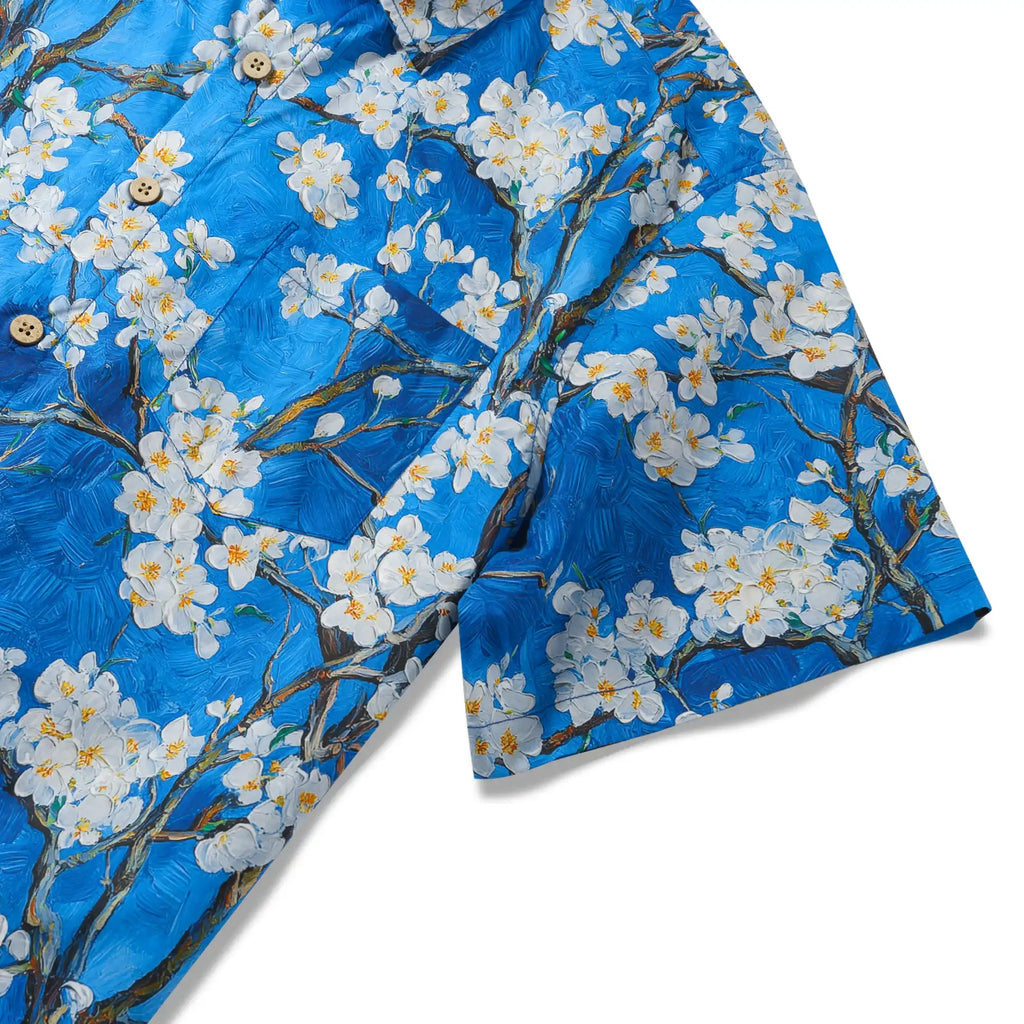 LeosWare® Men's Hawaiian Shirt Short Sleeve Button-up 100% Cotton Blue Aloha White Above Deep Blue By Huan huan