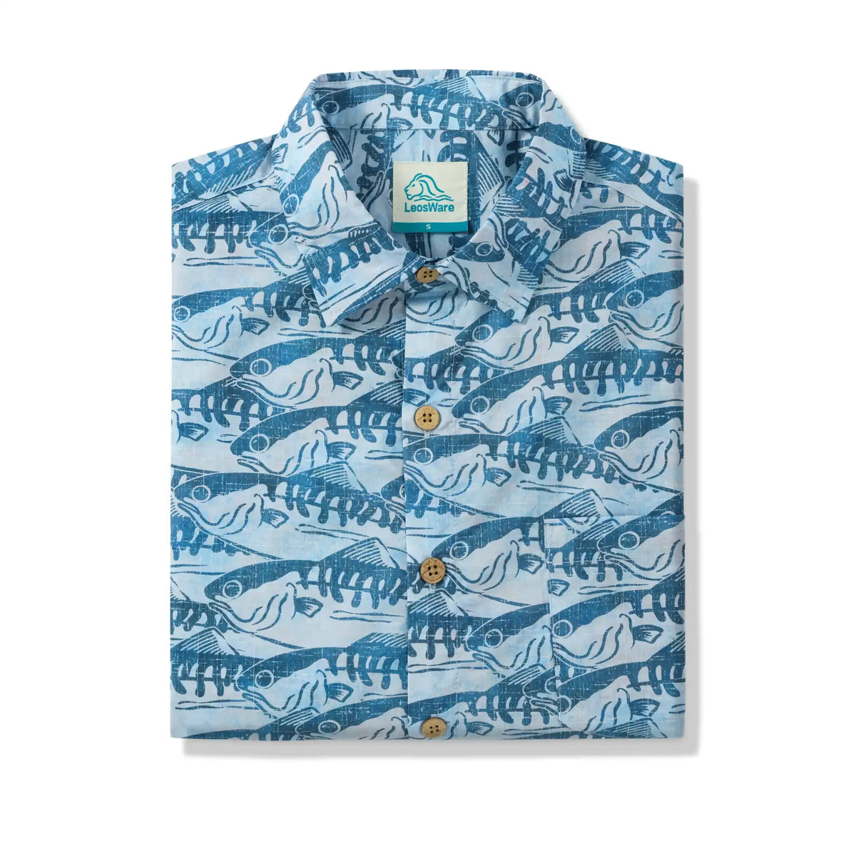 LeosWare® Men's Hawaiian Shirt Short Sleeve Button-up 100% Cotton Blue Aloha Ink Wave Fish Formation By Ann