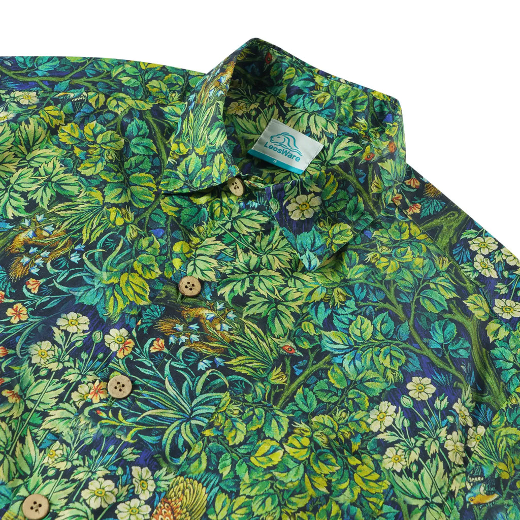 LeosWare® Men's Hawaiian Shirt Short Sleeve Button-up 100% Cotton Green Aloha Jungle Wonderland Art By Ann