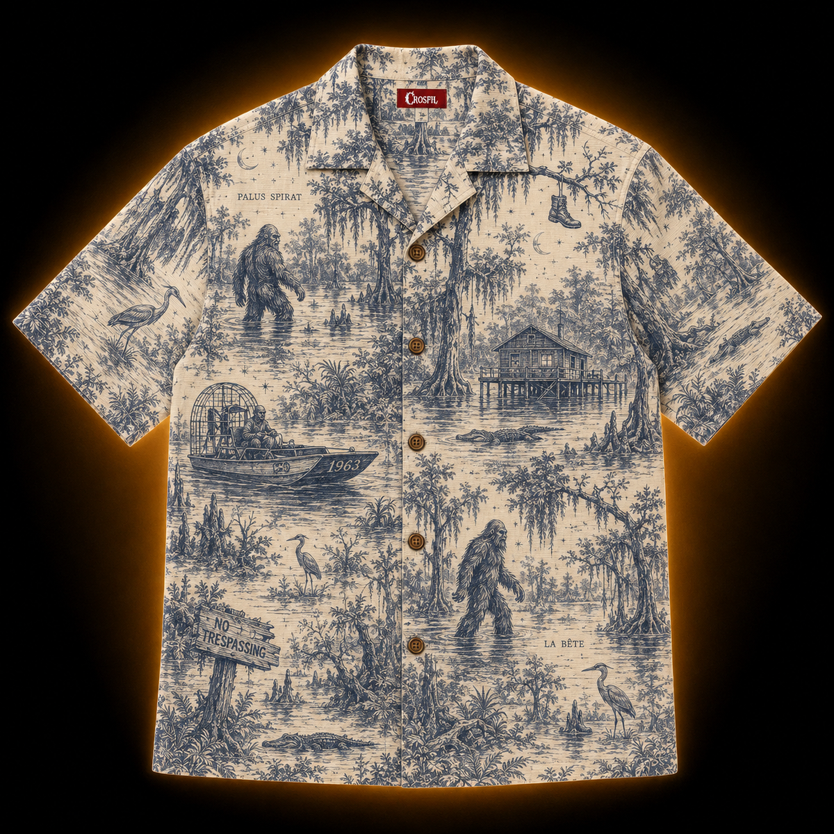 Crosfil The Bayou File 1963 Hawaiian Shirt — Swamp Bigfoot Toile Print
