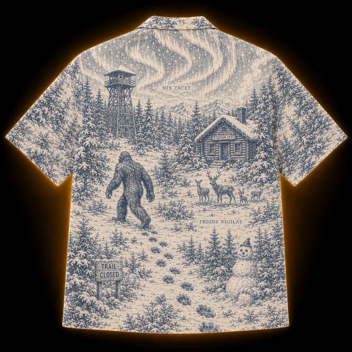 Crosfil Winter Watch 1977 Hawaiian Shirt — Snow Bigfoot Toile Print