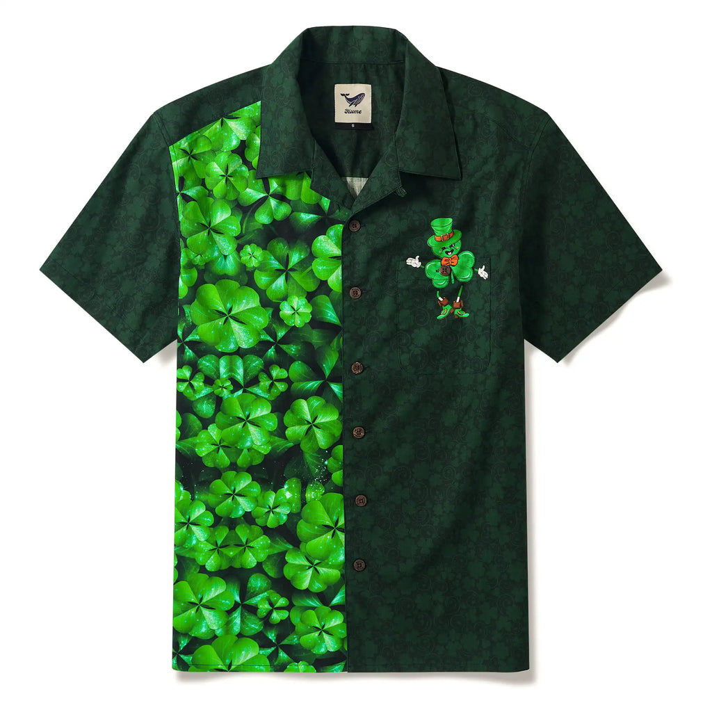 St. Patrick's Day Gift Men's Hawaiian Bowling Shirt Short Sleeve Camp Collar 100% Cotton Green Aloha Lucky Clover Mascot By Huan huan