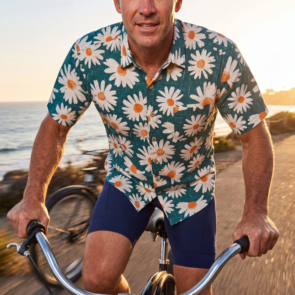 LeosWare® Men's Hawaiian Shirt Short Sleeve Button-up 100% Cotton Green Aloha Daisy Bottom By Ann
