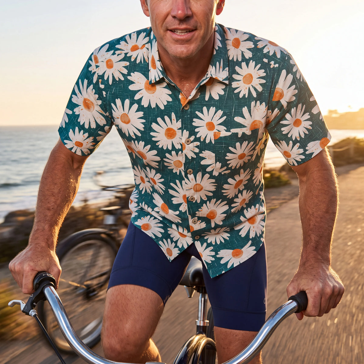 LeosWare® Men's Hawaiian Shirt Short Sleeve Button-up 100% Cotton Green Aloha Daisy Bottom By Ann