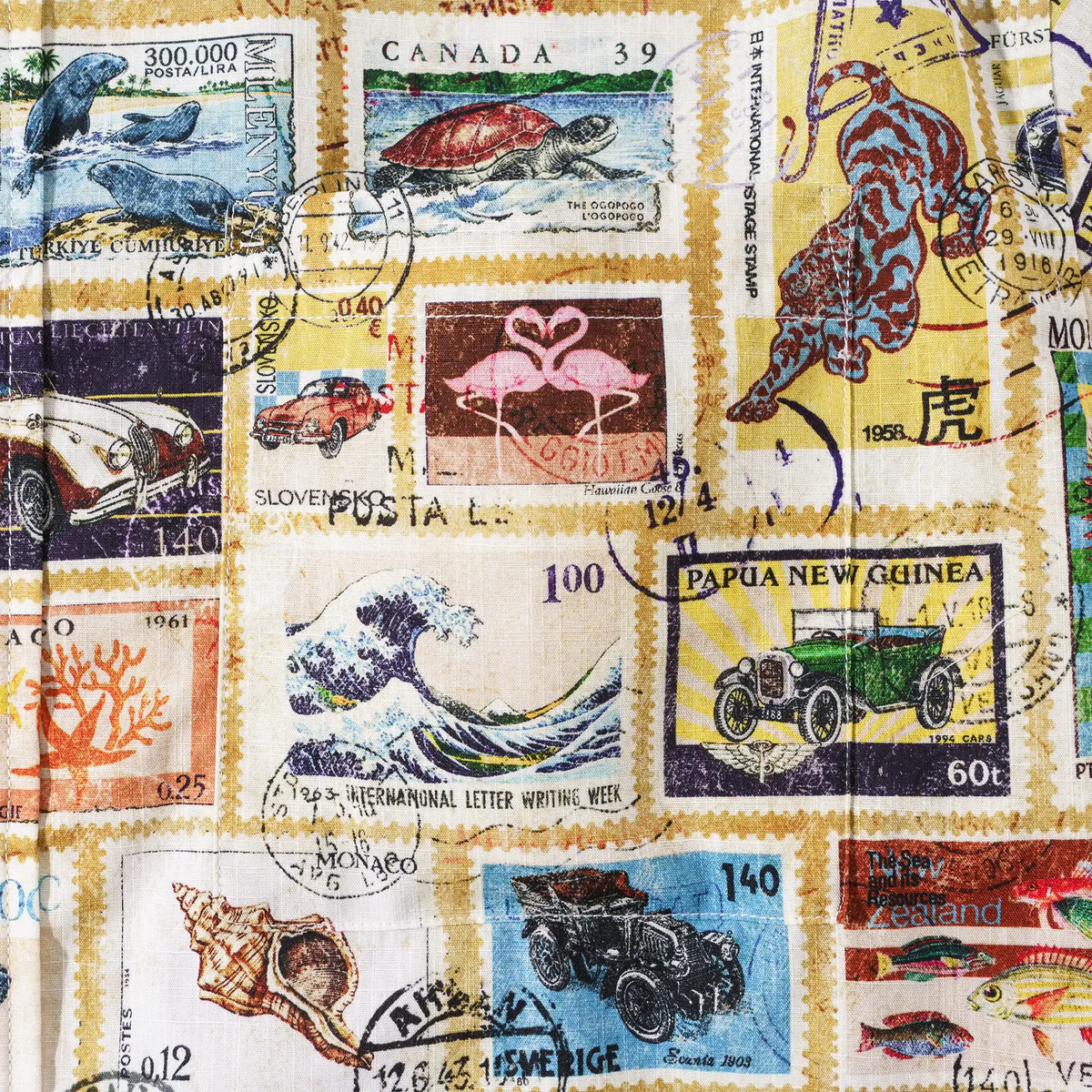 Men's Hawaiian Shirt Short Sleeve Button-down 100% Cotton White Aloha Nautical Vintage Car Postage Stamp Collage By Huan huan
