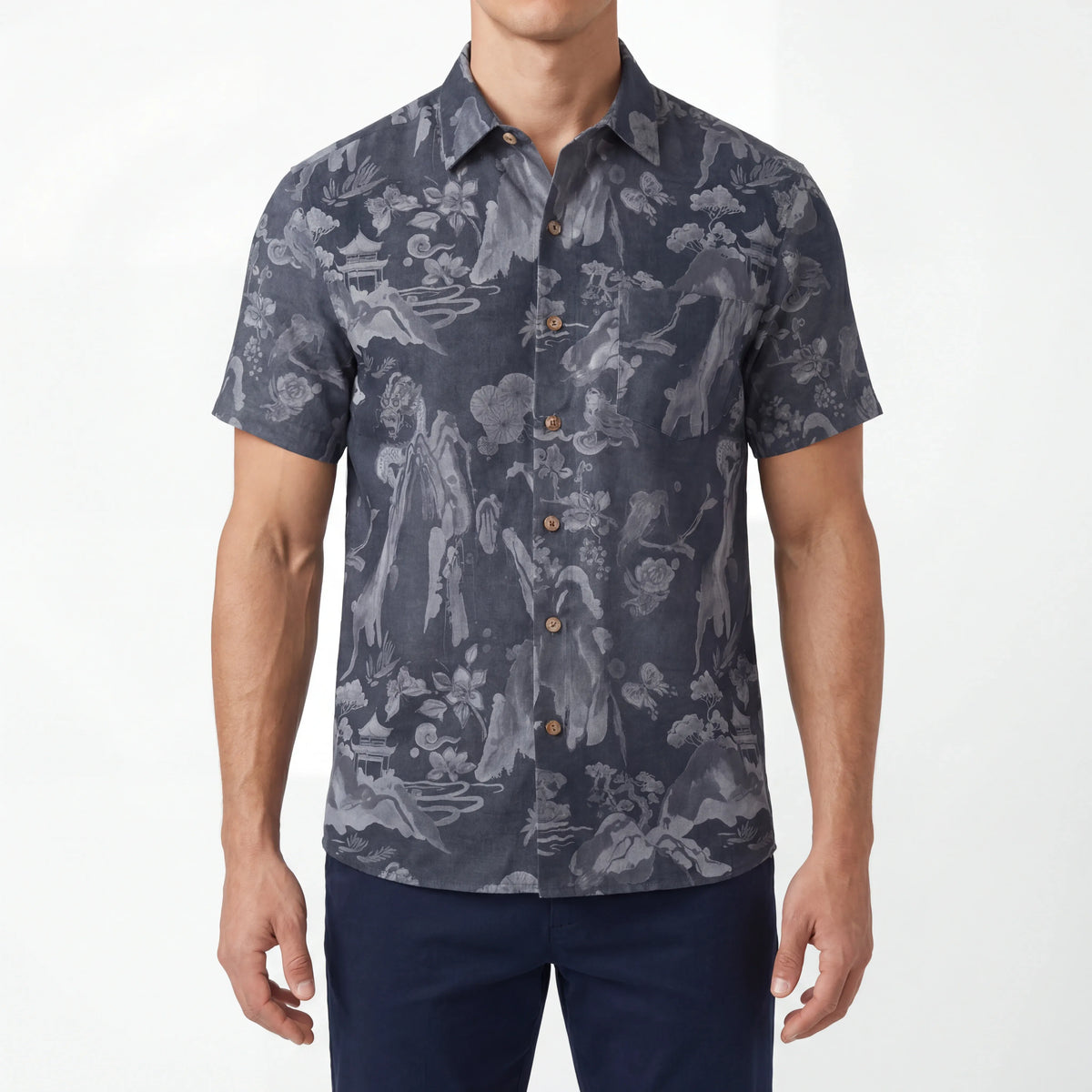LeosWare® Men's Hawaiian Shirt Short Sleeve Button-up 100% Cotton Gray Aloha Eastern Mountain Ranges And Dragons By Patch