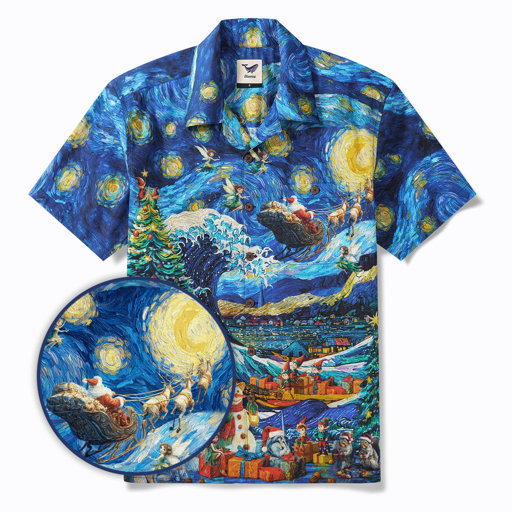 Christmas Gift Men's Hawaiian Shirt Van Gogh Art Shirt Camp Collar 100% Cotton Blue Starry Christmas Magic With Van Gogh By Huan huan
