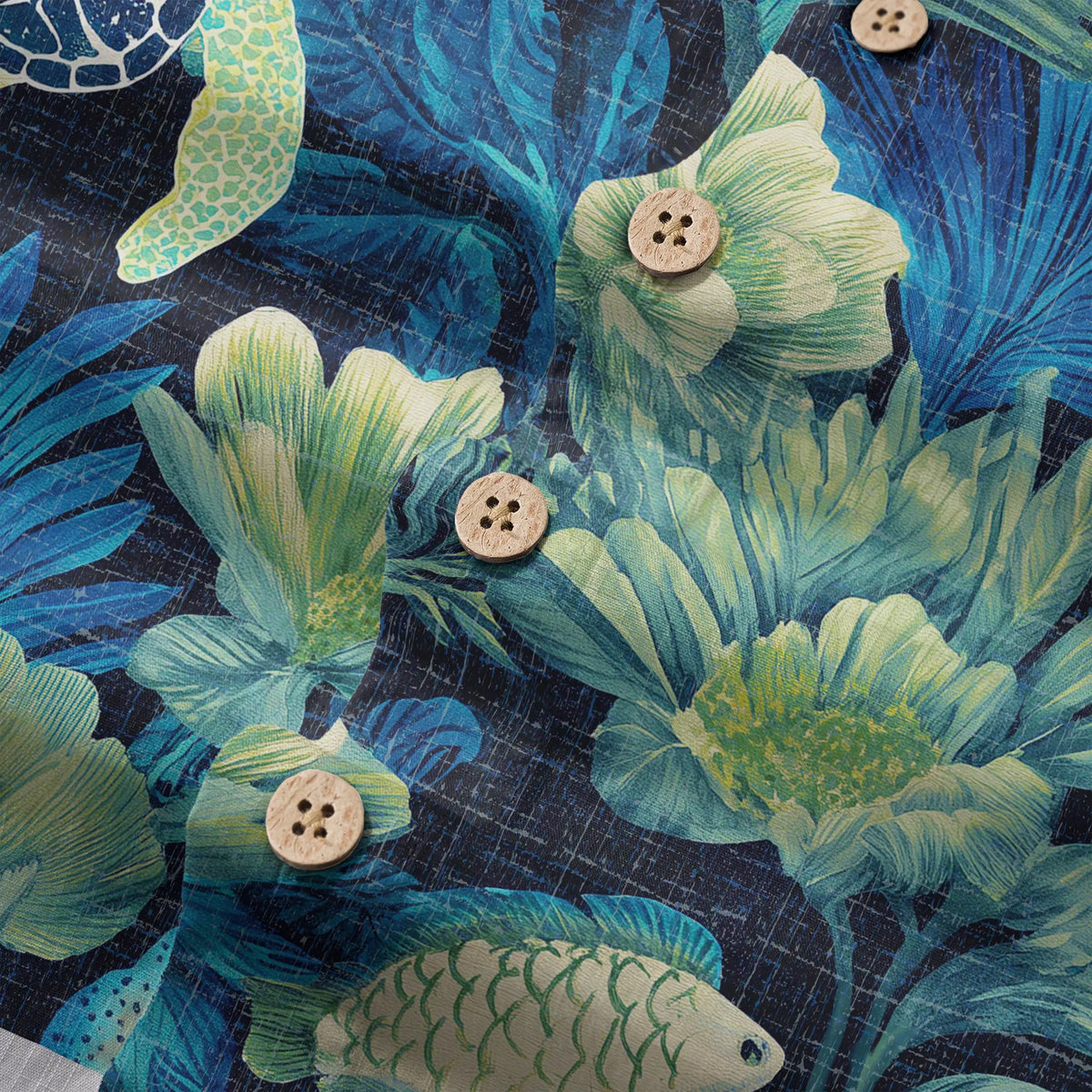 LeosWare® Men's Hawaiian Shirt Short Sleeve Button-up 100% Cotton Blue Aloha Deep Sea Flowers And Turtles By Ann