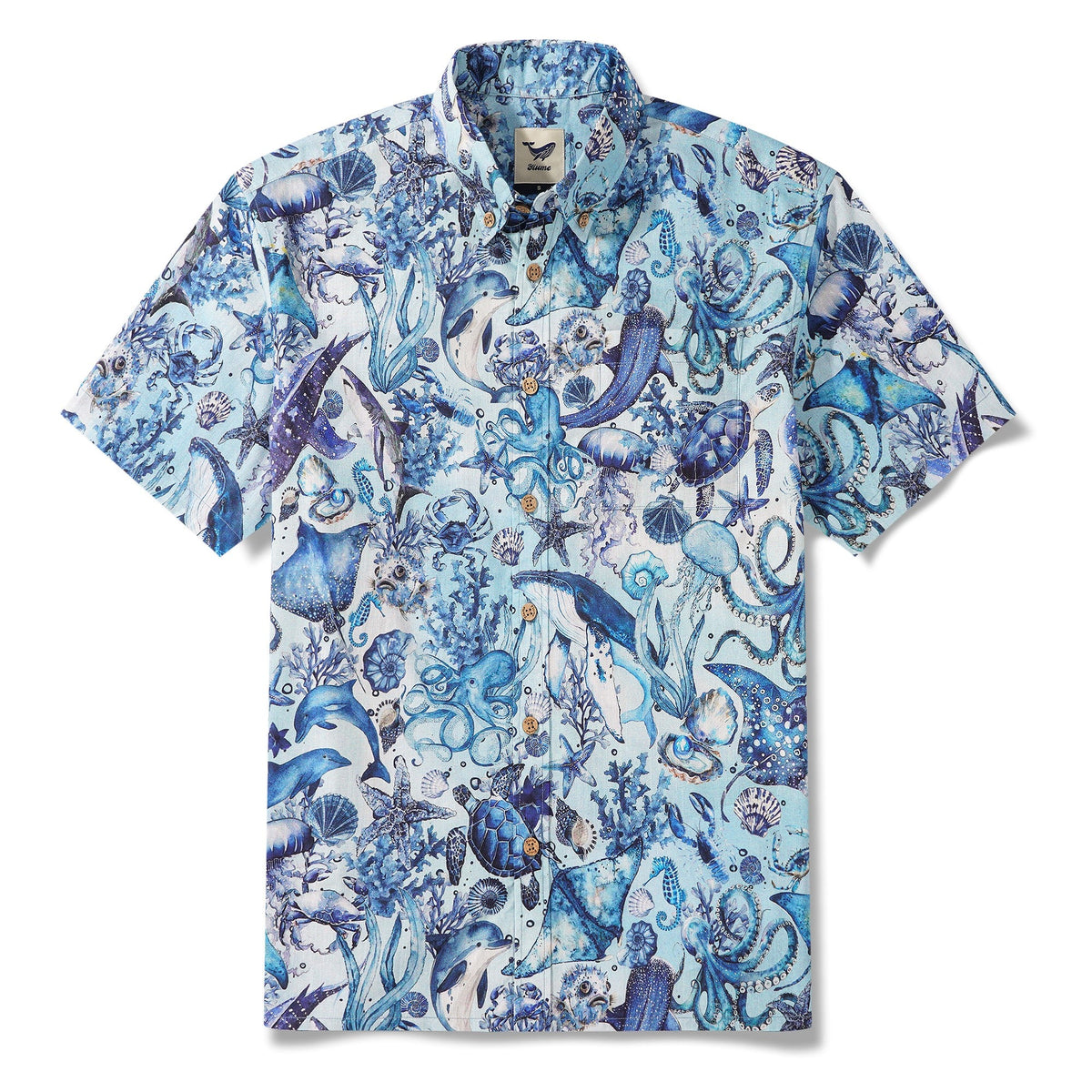 Men's Hawaiian Shirt Short Sleeve Button-down 100% Cotton Blue Aloha Watercolor Ocean By Yakima