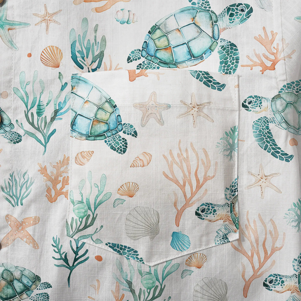 LeosWare® Men's Hawaiian Shirt Short Sleeve Button-up 100% Cotton Blue Aloha Coral Wonderland Of The Sea Turtle By Ann