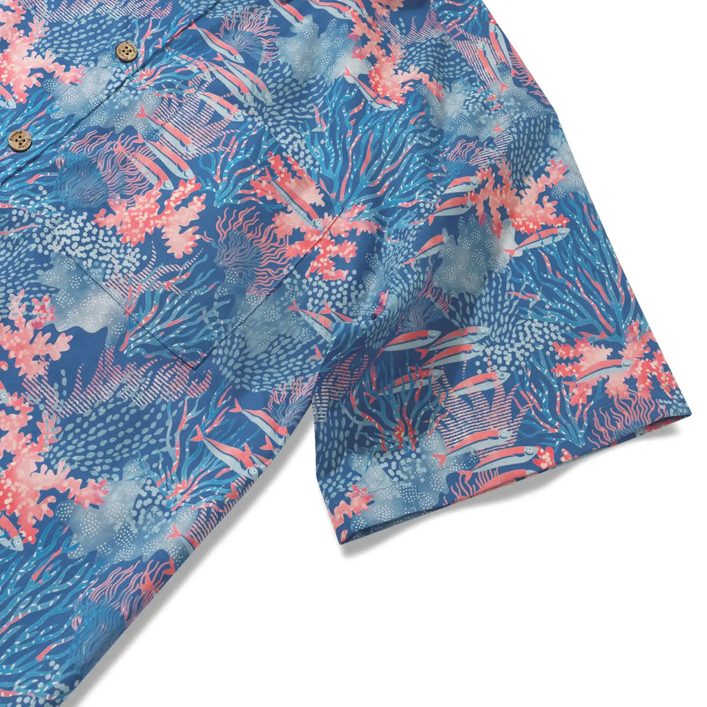 Men's Hawaiian Shirt Short Sleeve Button-down 100% Cotton Blue Aloha Ocean Sihouettes By House of Haricot