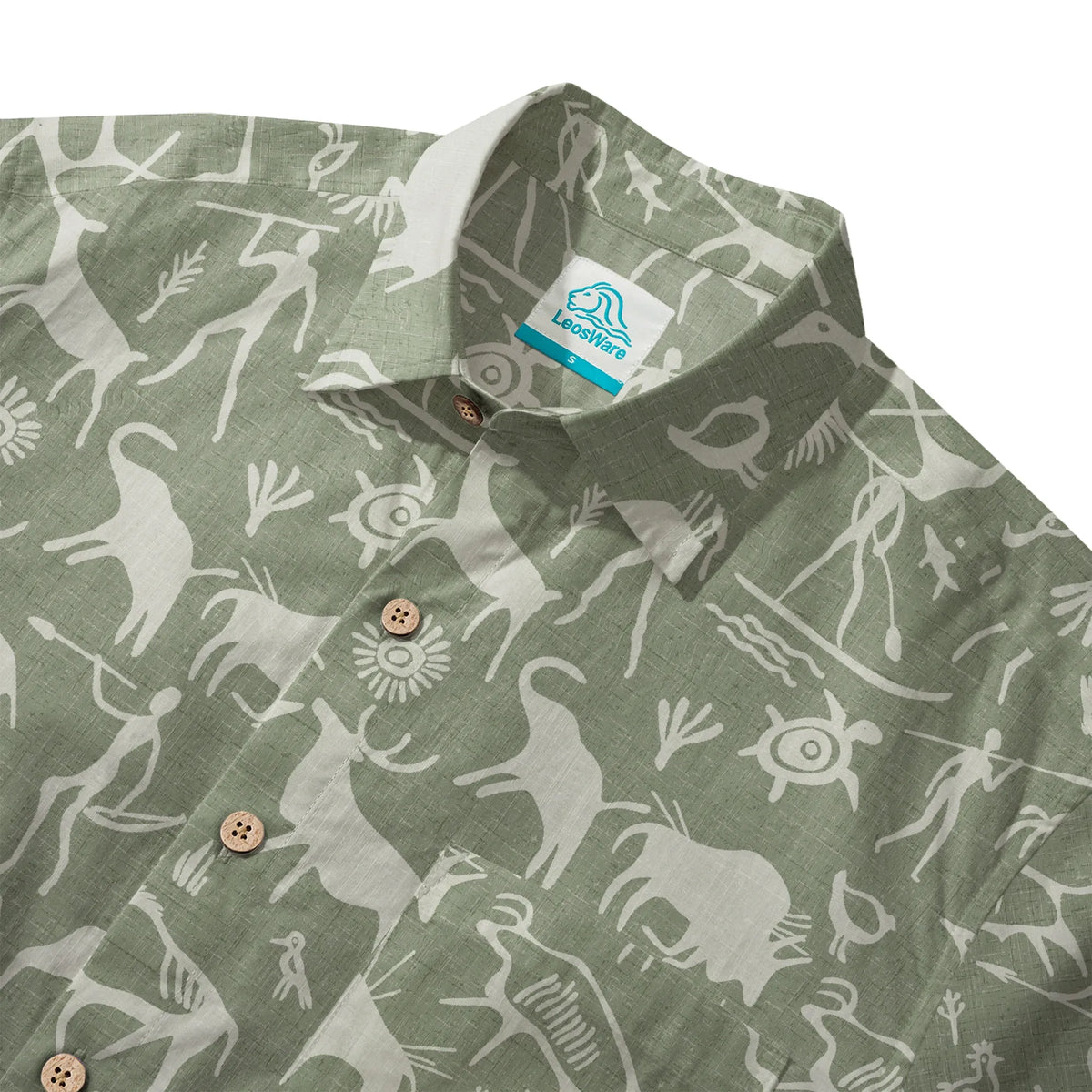 LeosWare® Men's Hawaiian Shirt Short Sleeve Button-up 100% Cotton Green Aloha Sage Green Tribal Rock Painting By Huan huan